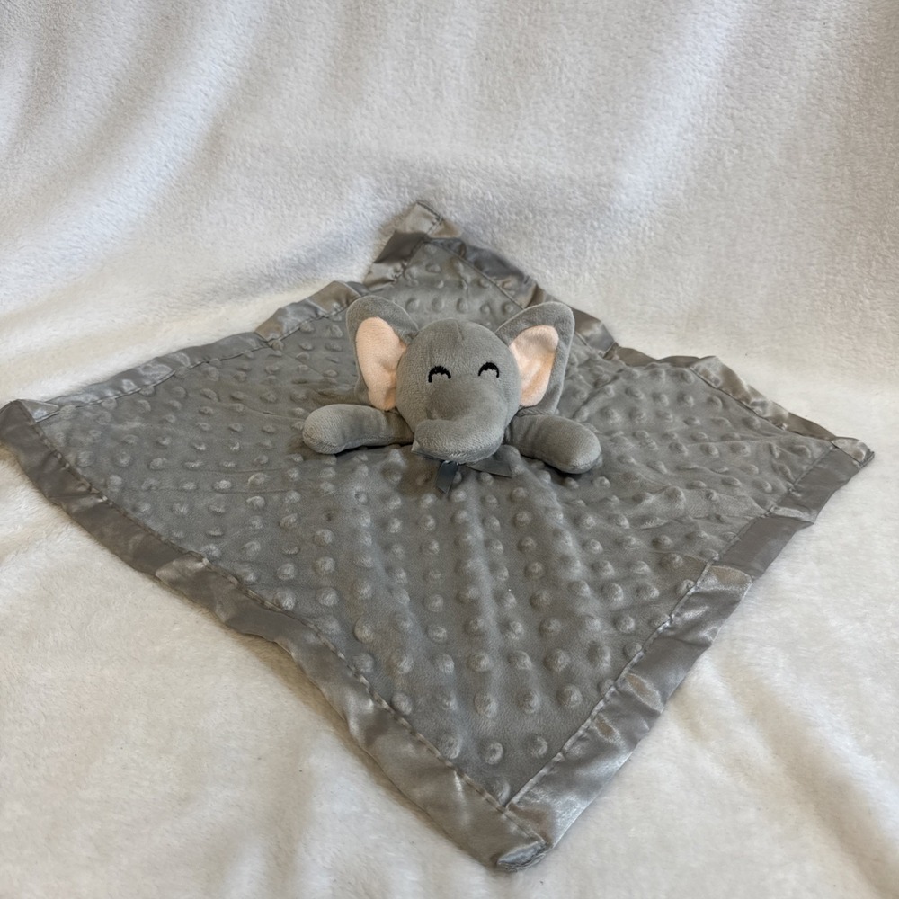 Pro Goleem Elephant Baby Lovey Security Blanket Gray Minky Dot Satin Trim - Picture 3 of 7